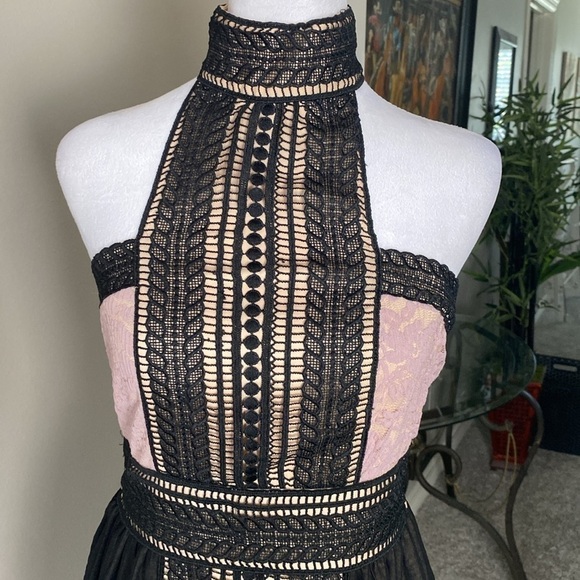 Venus Womens A Line Dress Black Mauve Color Block Halter Neck Lace Trim size S - Picture 3 of 10